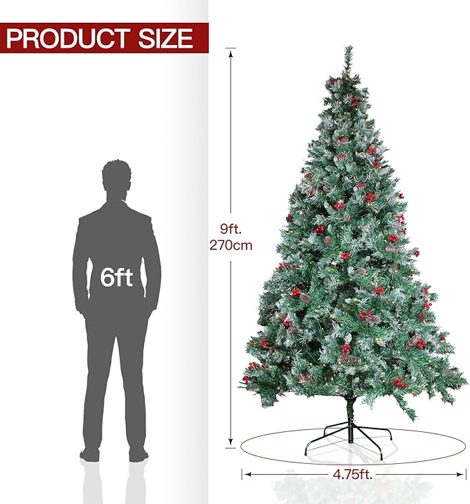 Pre-Lit Artificial Christmas Tree with Lights 9ft - Arbol De Navidad Con Luces, Holiday Party Decorations Indoor with 2270 Branch and 900 Warm LED, Easy Assembly, Metal Reinforced Base
