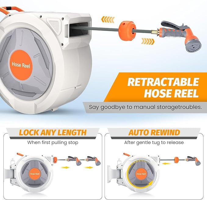 Retractable Garden Hose Reel 5/8 in x 65 Ft, EliteEdge Wall Mounted Garden Hose Reel, with 9 Function Sprayer Nozzle, Any Length Lock, Lock/Automatic Slow Return System, 180° Swivel Bracket