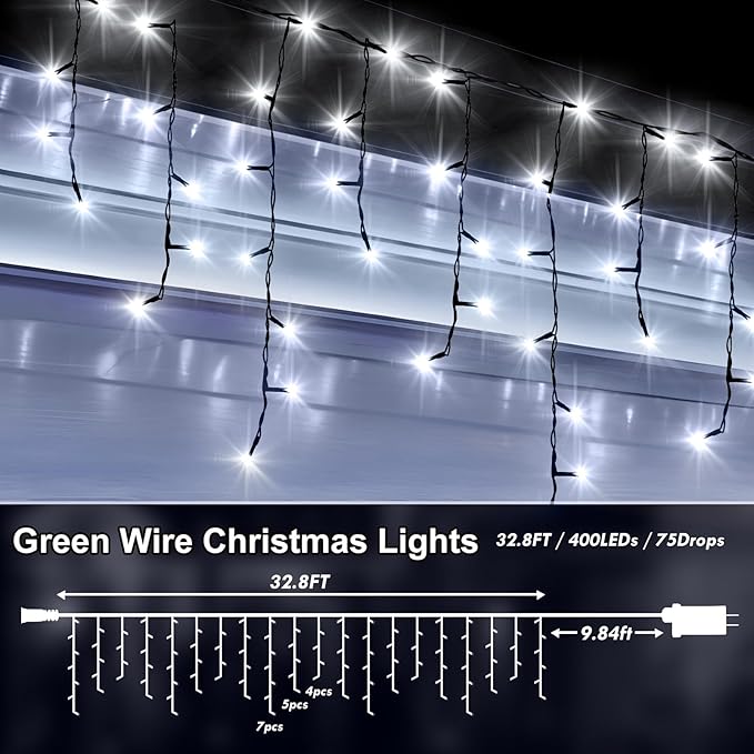 KNONEW 33FT 400 LED Christmas Lights Outdoor Black Wire String Lights with 75 Drops, 8 Lighting Modes, Timer Memory Function Connectable Hanging Curtain Lights for Halloween Party Decor (Cool White)