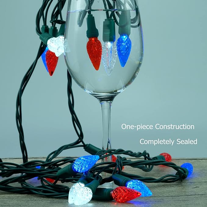 YULETIME Red White Blue One-Piece C6 Strawberry Christmas Lights 140 Count 71 Feet, 2 Sets 70 LED 35.5 ft High Waterproof UL Certified String Light (Red, White & Blue)