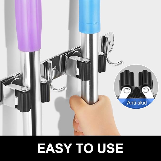 IMILLET Broom and Mop Holder Wall Mounted, Stainless Steel Broom Holder Mop Holder Self Adhesive Heavy Duty Hooks Storage Organizer for Home Laundry Room Garden Garage（3 Racks with 4 Hooks）