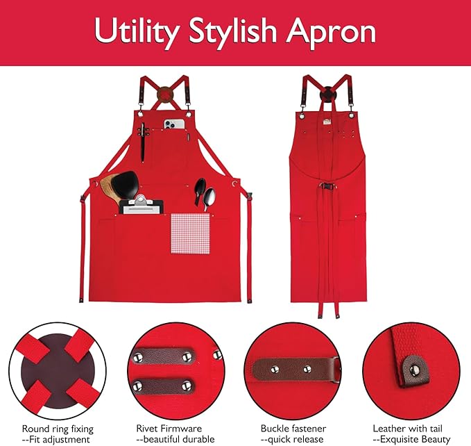 Kitchen Apron, Work Apron, Canvas, Multiple Pockets, Gardening, Painting, BBQ, Artist, Carpenter, Sizes M to XXL, Red
