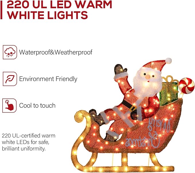 Hykolity 2.5D Santa Sleigh Ride Iron Outdoor Christmas Decoration, 170 Warm White LEDs with UL Transformer, Stained-Glass Fabric Figures Yard Decor
