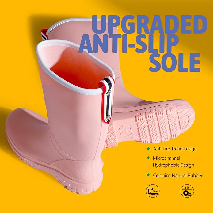 Women's Ankle Rain Boots - Slip On Waterproof Festival & Garden Shoes for Men - Comfortable Lightweight Rubber Wellies with Decorative Buckle