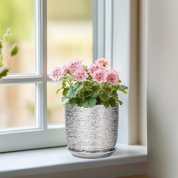 Ceramic Plant Pot 5 Inch - Indoor Planter with Drainage Hole and Saucer, Round Modern Flower Pot for Succulent Plants, Housewarming Gifts, Office Home Desk Decor, Silver