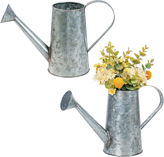 MyGift 7 Inch Small Rustic Galvanized Metal Decorative Vases in Vintage Style Watering Can Design for Dried Flowers and Artificial Plants, Set of 2 - Handcrafted in India