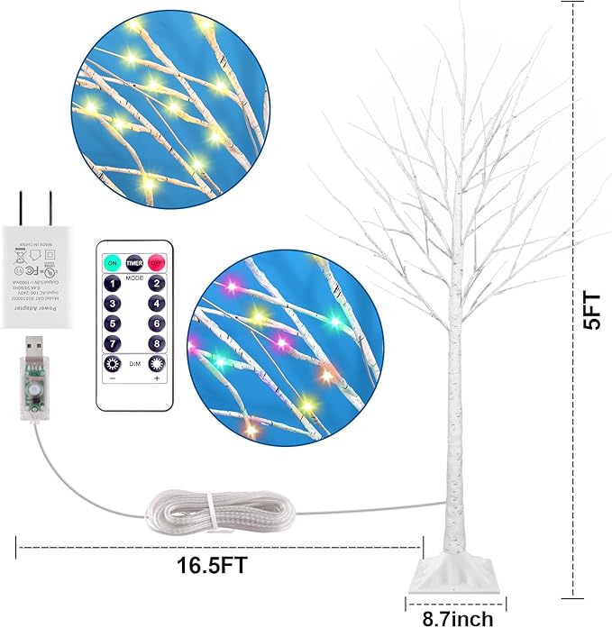 5FT Lighted Birch Tree with 90 LED Warm White and Multicolor Lights, 8 Modes, Timer Remote Faux Light Up Twig Christmas Tree for Indoor Outdoor Xmas Holiday Party Garden Decoration (2 Pack)