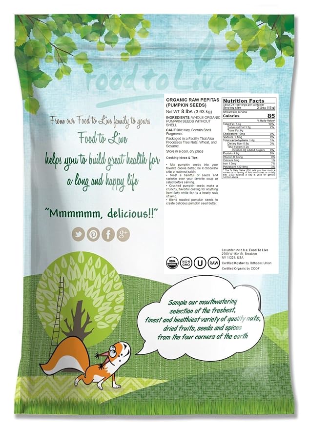 Food to Live Organic Raw Pepitas, 8 Pounds — Non-GMO, Pumpkin Seed Kernels, Unsalted, No Oil, No Shell, Vegan, Kosher, Bulk. Keto Snack.