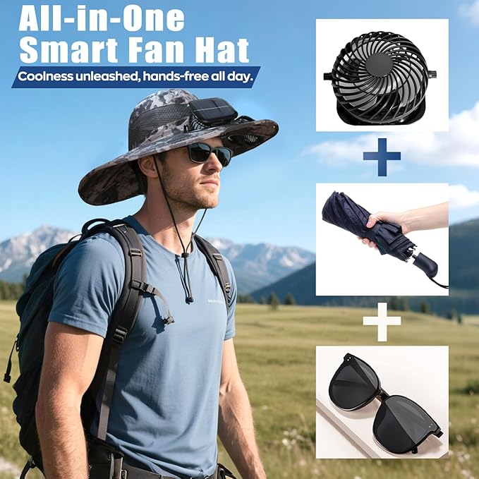 Solar Fan Hat for Men Women - Wide Brim Solar Fan Outdoor Fishing Hat with 2 Removable Fans
