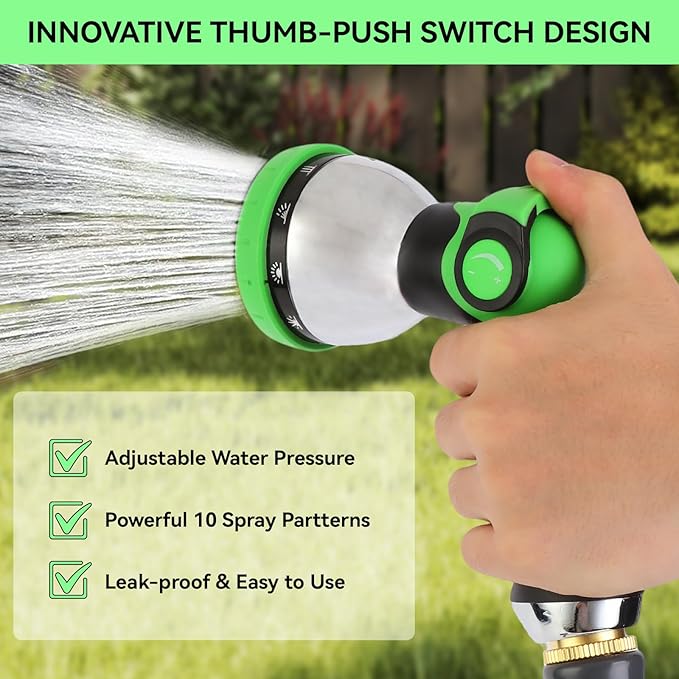 Garden Water Hose Nozzle Metal Heavy Duty Sprayer Thumb Control with 10 Spray Modes Suitable for Watering Plants, Iawn and Garden, Car Washing, Cleaning, Showering Pets and Outdoor Fun, Green
