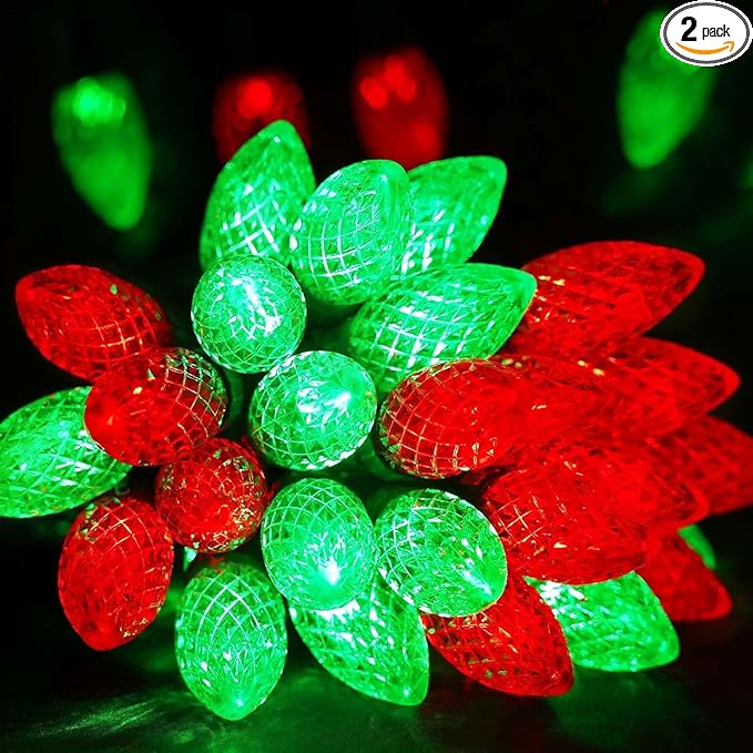 2-Pack Connectable C9 Christmas Lights Outdoor Indoor, 66 FT 100 LED Christmas String Lights Plug in with 8 Modes & Timer, Waterproof Fairy Twinkle Light for Xmas Tree Yard Decorations (Red and Green)