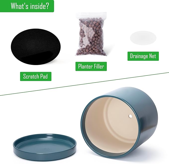 D'vine Dev 14 Inch Ceramic Planter Pot with Drainage Hole and Saucer, Indoor Cylinder Round Planter Pot, Teal, 94-O-G-9