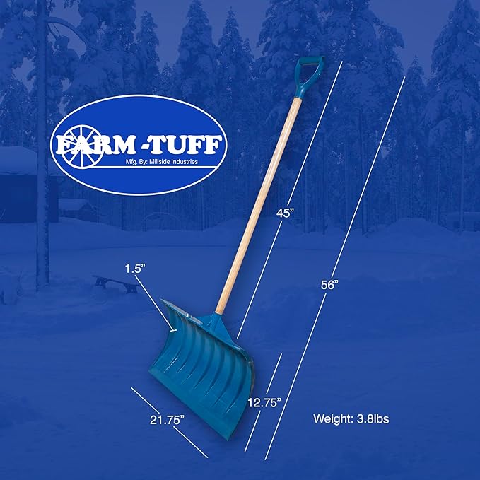 Farm-TUFF Heavy Duty Multi-Purpose Shovel - Snow, Barn, Grain, Industrial Use - Large Non-Stick Blade & Ash Hardwood D-Grip Handle - Durable & Lightweight Utility Scoop - Blue, 21.8in