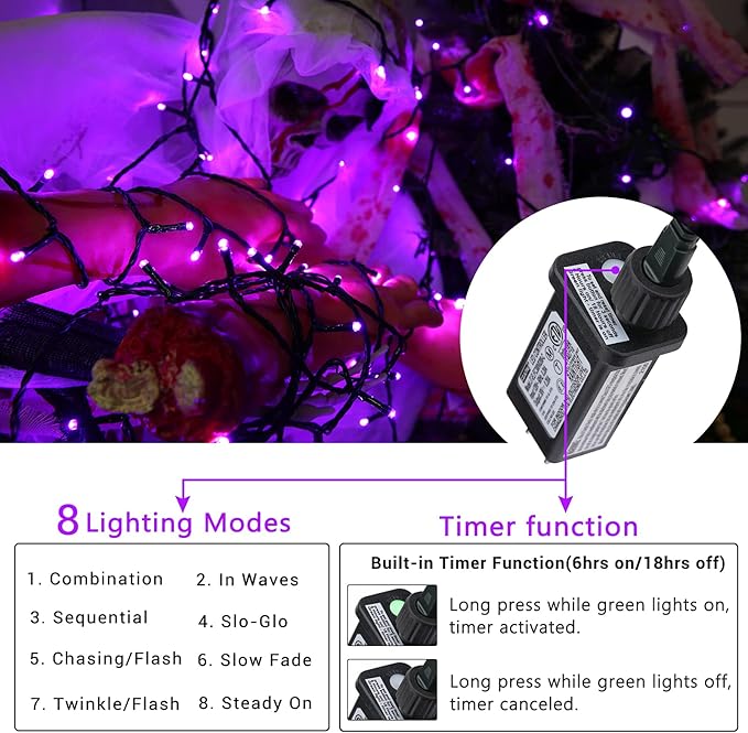 Toodour Halloween Purple Lights, 131ft 350 LED Plug in String Lights with 8 Modes and Timer, Connectable, Waterproof Halloween Outdoor Lights for Home, Party, Garden,Holiday Decorations