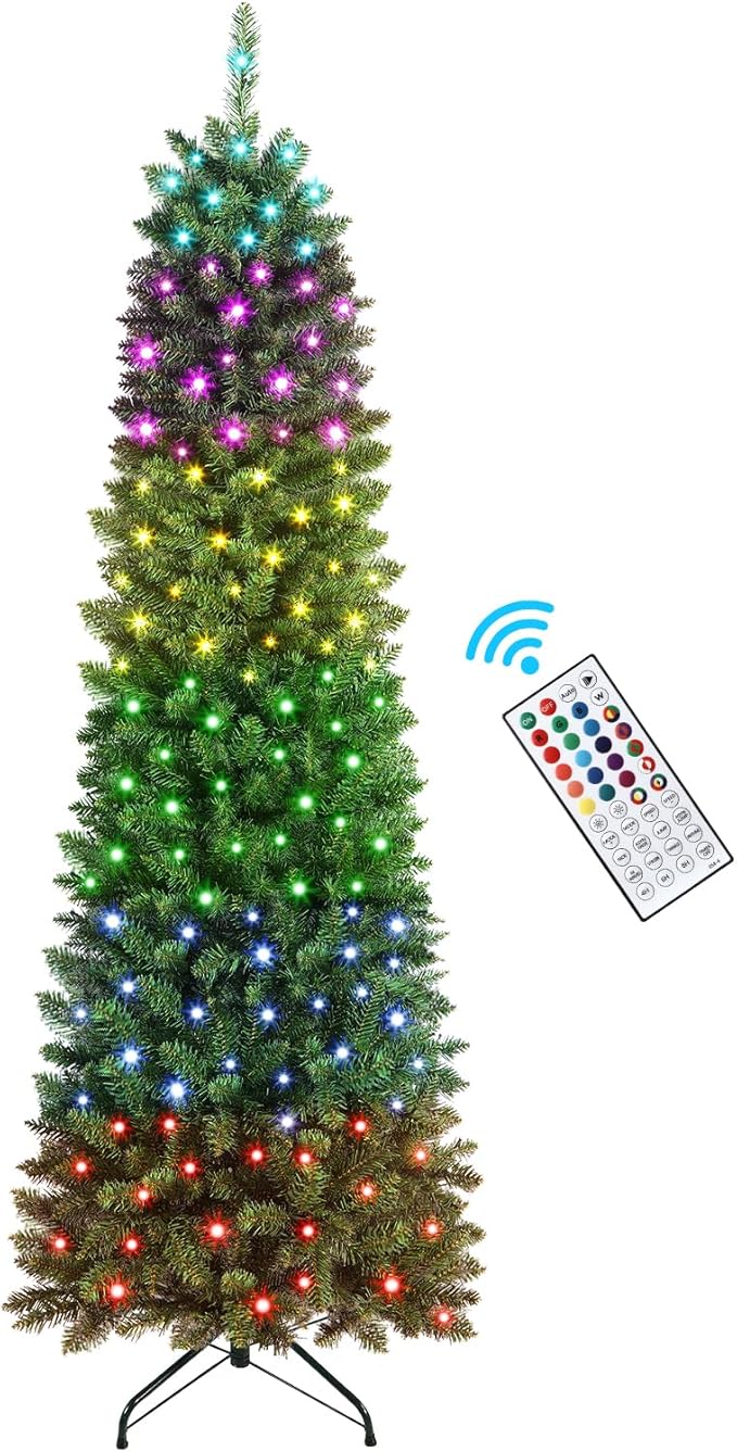SHareconn 6.5ft Prelit Artificial Hinged Slim Pencil Christmas Tree, with Remote Controlled Multi-Color RGB Lights, Perfect Choice Decoration for Xmas Holiday, 6.5 FT, Green
