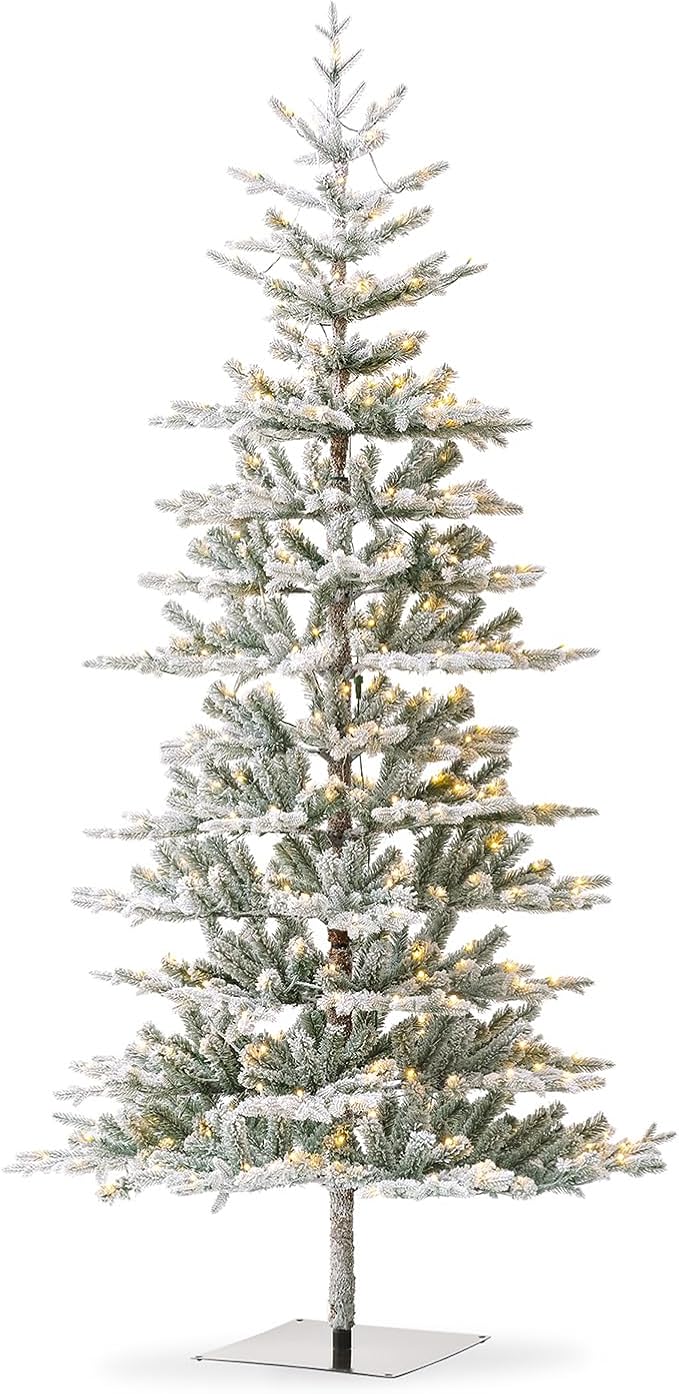 Glitzhome 8ft Deluxe Pre-Lit Flocked Artificial Christmas Tree, Majestic Frostfall Fir Hinged Holiday Xmas Tree with 450 Warm White Lights, Three Function, Easy Assembly