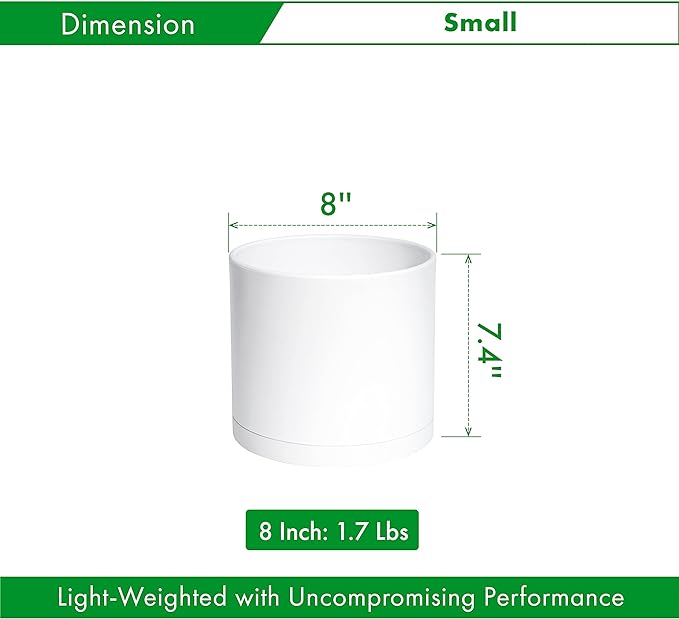 D'vine Dev 8 Inch Plastic Planter Pots for Plant Pot with Drainage Hole and Seamless Saucers, White Color, 74-X-A-1