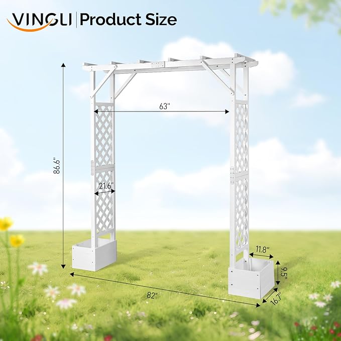 VINGLI Wooden Garden Arbor with Planter, Wedding Arch for Ceremony, Wood Garden Arbour Trellis for Plant Climbing, Pergola for Garden Backyard, Lawn, Outdoor (White)
