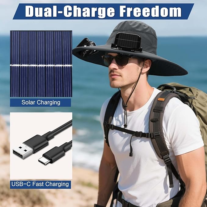 Solar Fan Hat for Men Women - Wide Brim Solar Fan Outdoor Fishing Hat with 2 Removable Fans
