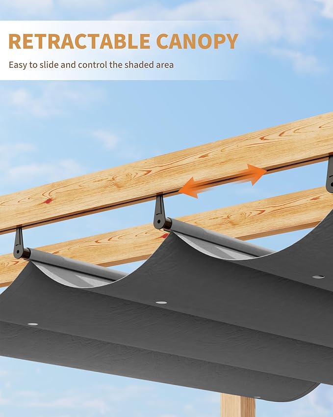 Garvee 10x10 Ft Aluminum Pergola Outdoor Pergola with Retractable Canopy Wood-Grain Sun Shade Shelter for Garden Patio Backyar Deck(Gray)