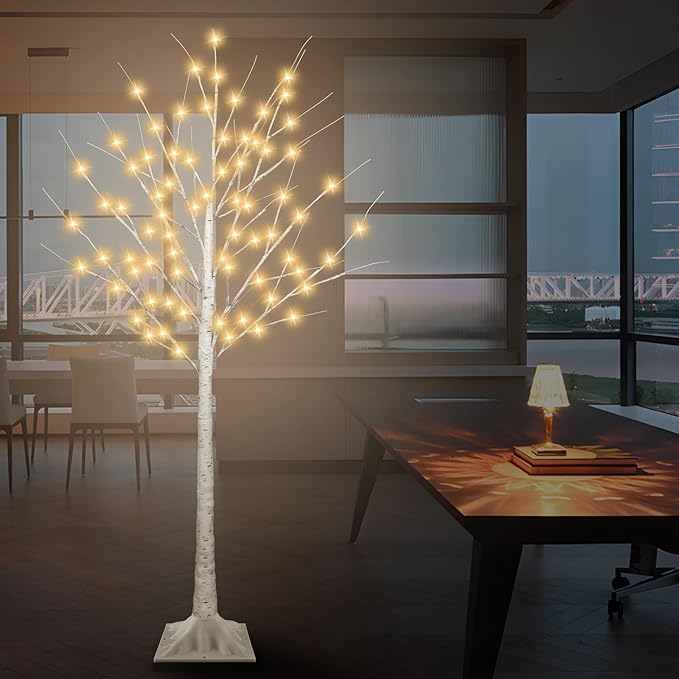 5FT Lighted Birch Tree with 90 LED Warm White and Multicolor Lights, 8 Modes, Timer Remote Faux Prelit Twig Christmas Tree with Lights for Indoor Outdoor Xmas Holiday Party Decoration