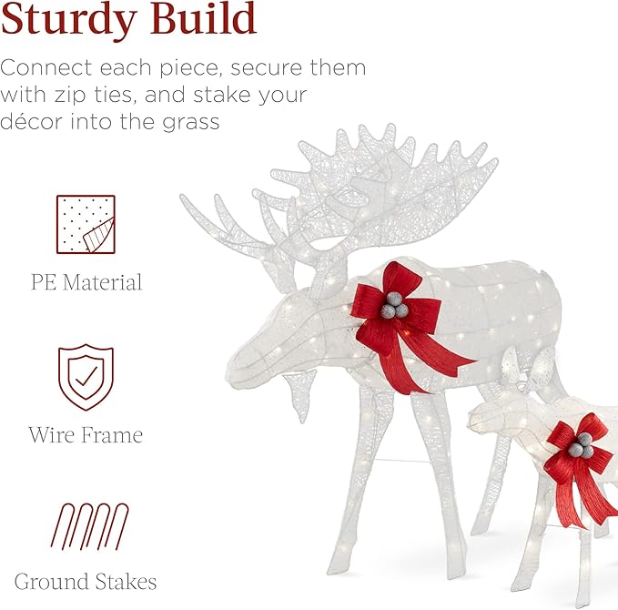 Best Choice Products 2-Piece Moose Family, Lighted Outdoor All-Weather Christmas Yard Decoration Light-Up Décor Set w/ 170 LED Lights, Ground Stakes, Zip Ties - White