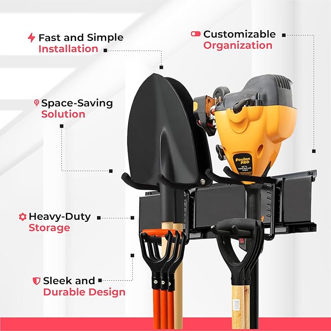 Garage Wall Organizer | 32" Heavy-Duty Tool Storage Rack | Adjustable Double-Layer Hooks | 200 lbs Capacity | Carbon Steel Wall Mount Holder for Shovels, Rakes, Ladders & Power Tools