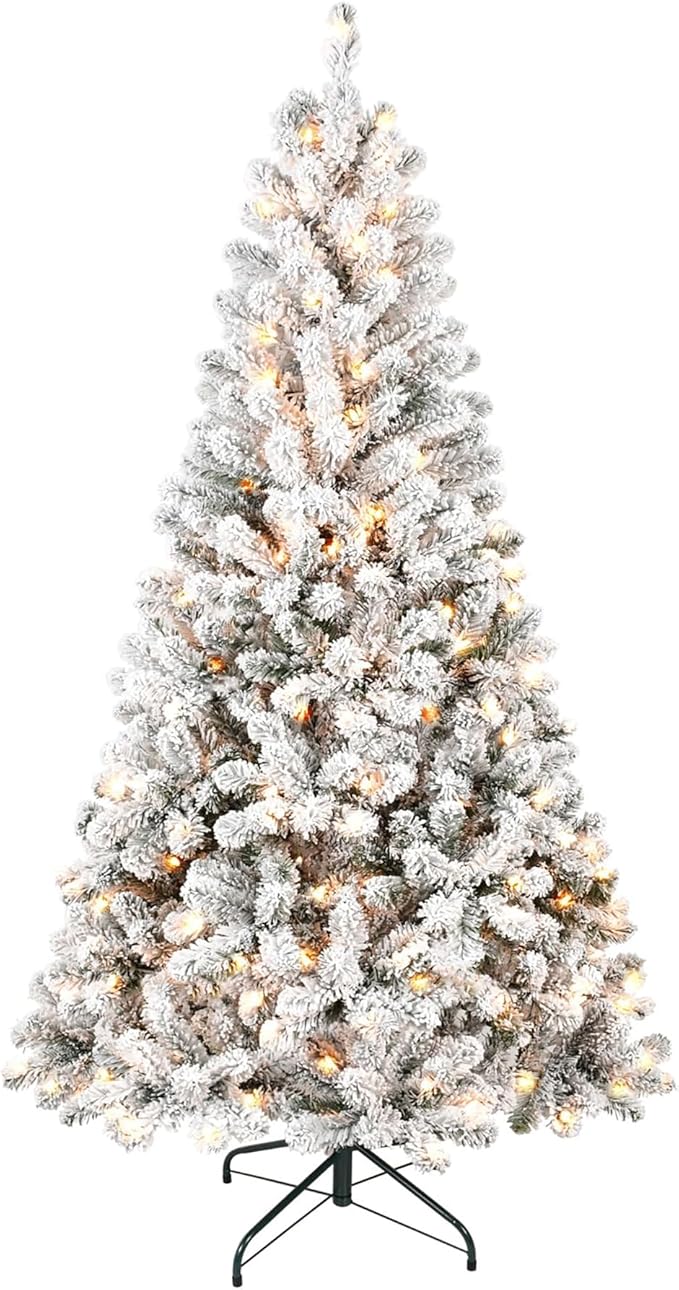 5FT Pre-Lit Flocked Christmas Tree with 150 Warm White Lights, Full White Christmas Tree with Premium PVC Branches,Realistic Snowy Look, Indoor Fake Snow Xmas Tree for Home Office Shops