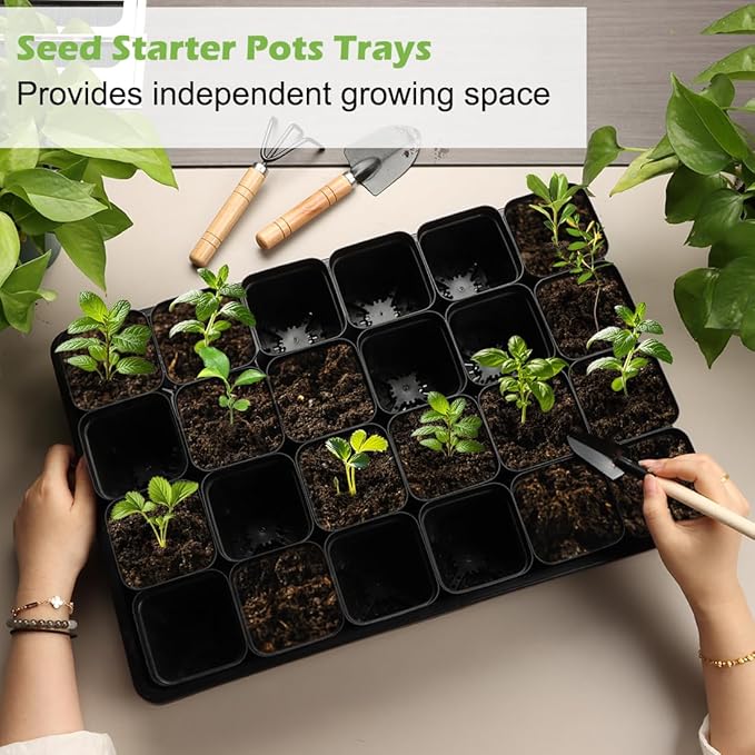 2.8 inch (7CM) Square Nursery Pots 120pcs with 5 Pack Seed Starter Trays, Durable Plastic Flat Seedling Tray (17"x11"x2") for Carrying and Holding Plant Nursery Pot (Black)