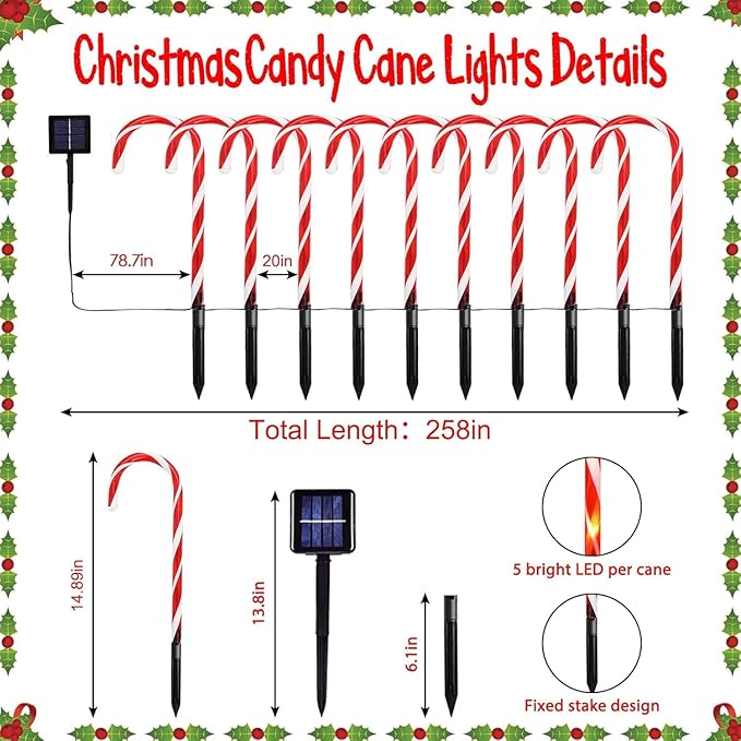 20 Pack Solar Christmas Candy Cane Lights, Christmas Decorations Outdoor Waterproof, Solar Powered Pathway Lights with 8 lighting Modes & Memory Function for Outside Party Garden Yard Patio Decoration