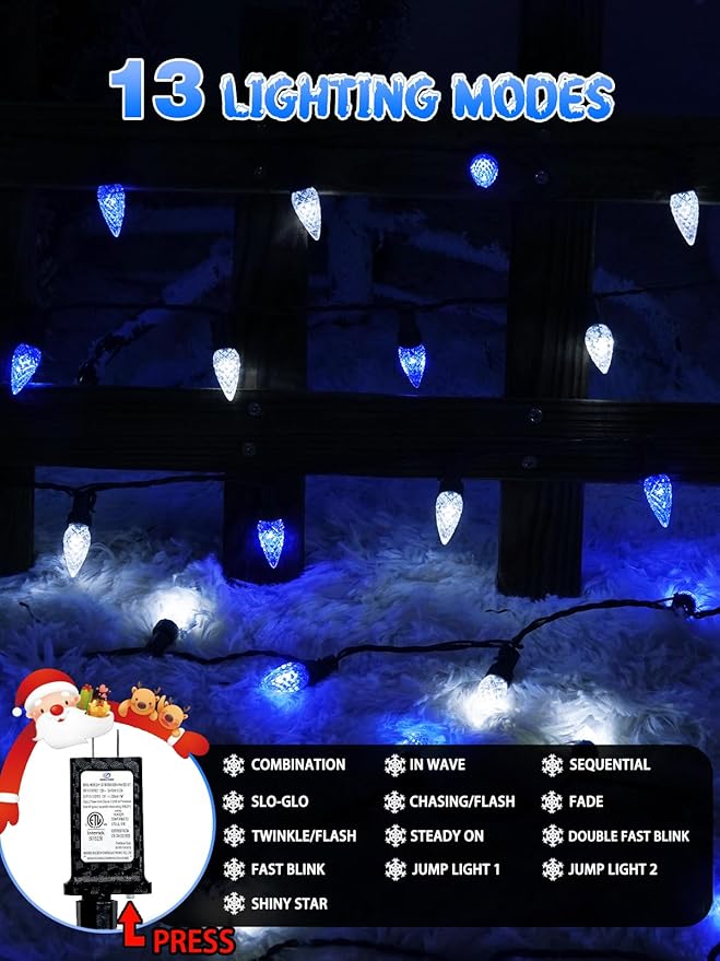 240 LED 78FT C6 Christmas String Lights, Super Long Christmas Lights Outdoor Indoor with 13 Modes & Timer, Waterproof Fairy Twinkle Light Plug in for Tree Garden Party Xmas Decorations (White & Blue)