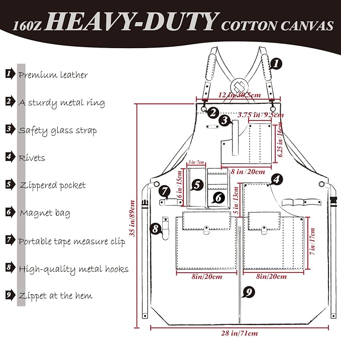 Woodworking Apron, Tool Apron, Canvas, Multiple Pockets, Adjustable Zipper, Metal Ring, Tape Measure Clip, Plus Size, Black.