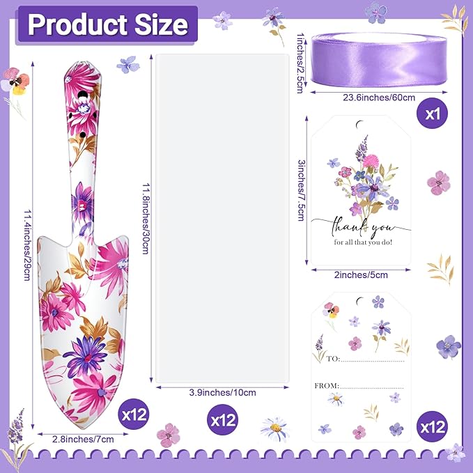 Capoda 12 Sets Floral Garden Shovels Bulk Gardening Gift for Women Mini Garden Tools Heavy Duty Floral Hand Trowels Thank You Cards with Gift Bags for Mom Birthday Teacher Employee(Purple,Elegant)