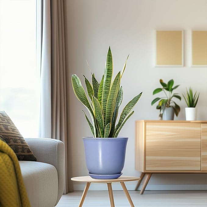 Ceramic Pots for Plants - 8 Inch Planter for Indoor Outdoor, Round Flower Pot with Drainage Hole and Saucer, Modern Planter, Home Garden Apartment Decor, Gifts for Plant Lovers, Purple-Blue