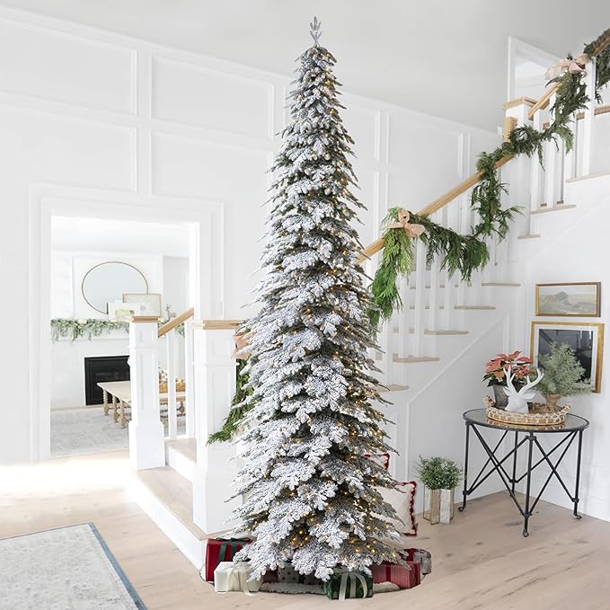 Glitzhome 15ft Prelit Christmas Tree, Artificial Christmas Tree with 1400 Warm White Lights, Flocked Pencil Tree Chicago Frostwood Spruce w/4335 PE&PVC Branch Tips and Sturdy Metal Stand, Simple Setup
