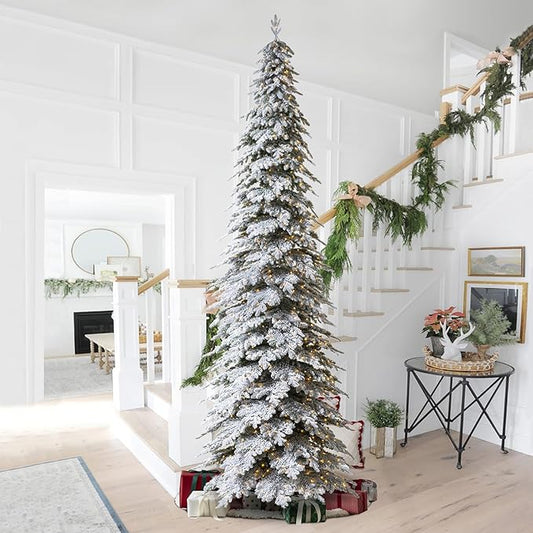 Glitzhome 15ft Prelit Christmas Tree, Artificial Christmas Tree with 1400 Warm White Lights, Flocked Pencil Tree Chicago Frostwood Spruce w/4335 PE&PVC Branch Tips and Sturdy Metal Stand, Simple Setup