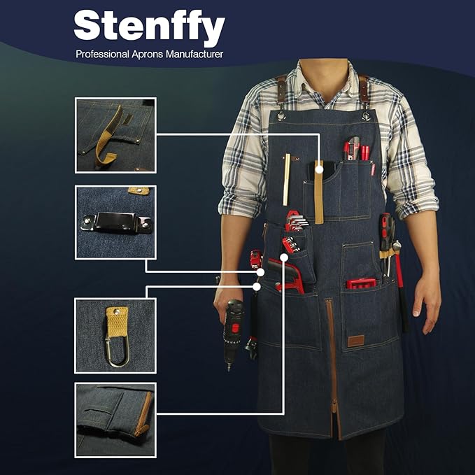 Woodworking Apron, Tool Apron, Canvas, Multiple Pockets, Adjustable Zipper, Metal Ring, Tape Measure Clip, Plus Size, Denim.