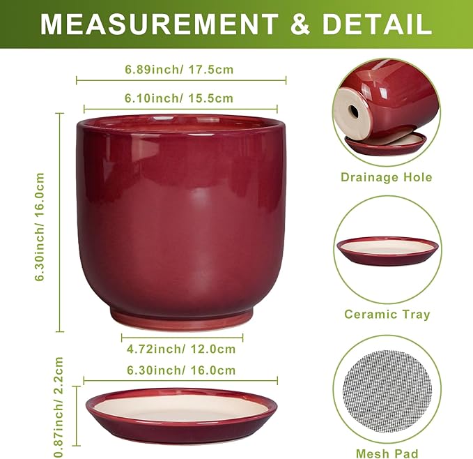 Ceramic Planter for Plants - Round Modern 7 Inch Plant Pot Indoor with Drainage Hole and Saucer, Home Patio Office Apartment Decor, Red