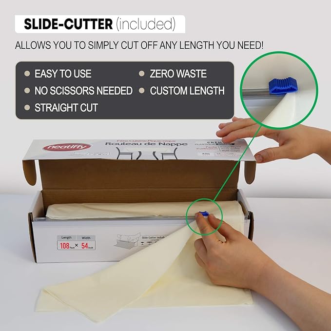 Neatiffy Disposable Plastic Table Cloth Roll | 54 in x 108 Ft Waterproof Tablecloth | Table Cover for Rectangle, Square, Round Oval Tables | Picnic, Party, Banquet, Birthdays, Weddings - Ivory