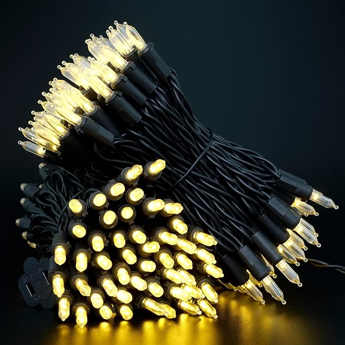 YULETIME 200 Warm White LED Christmas Lights, 66 Feet Black Wire UL Certified Commercial Grade Holiday String Light Set