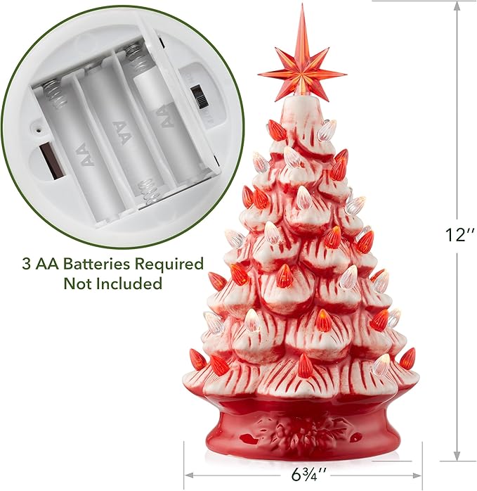Casafield Hand Painted Ceramic Christmas Tree, Red and White Peppermint 12-Inch Pre-Lit Tree with 100 Multi Color Lights and 2 Star Toppers