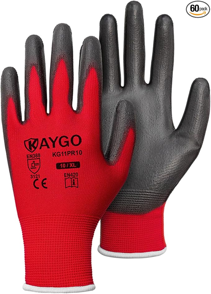 KAYGO Safety Work Gloves PU Coated-60 Pairs, KG11P Seamless Knit Glove with Polyurethane Coated Smooth Grip on Palm & Fingers, for Men and Women, Ideal for General Duty Work,Red,XL