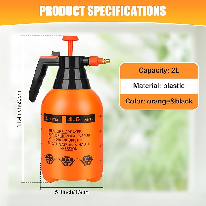 3 Pcs 1/2 Gallon Plastic Handheld Pump Sprayer – Garden Pressure Sprayer Bottle with Adjustable Nozzle for Plants, Cleaning, Household Tasks – Orange
