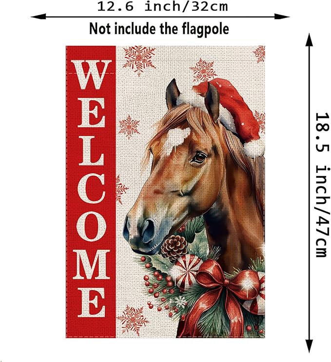 Christmas Garden Flag Welcome Xmas Horse Winter Holiday Decorations Burlap Vertical Double Sided Farmhouse Yard Lawn Outdoor Decor 12.5 x 18 Inch