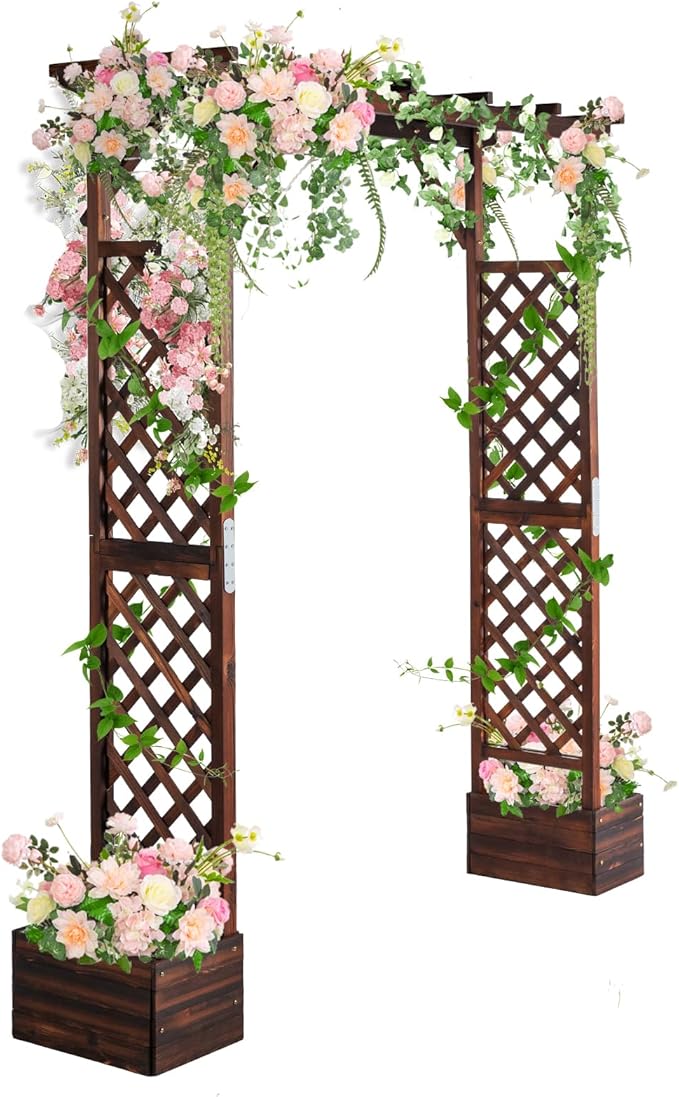VINGLI Wooden Garden Arbor with Planter, Wedding Arch for Ceremony, Wood Garden Arbour Trellis for Plant Climbing, Pergola for Garden Backyard, Lawn, Outdoor (Carbonized Wood)