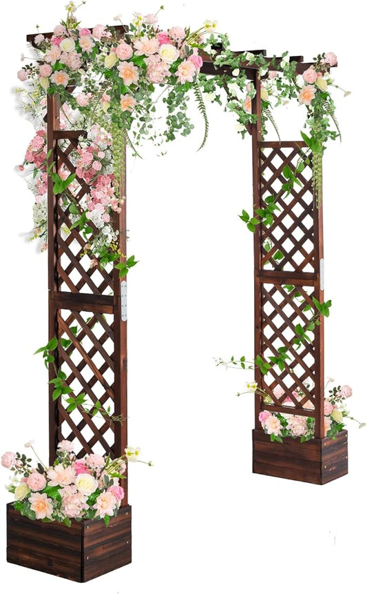 VINGLI Wooden Garden Arbor with Planter, Wedding Arch for Ceremony, Wood Garden Arbour Trellis for Plant Climbing, Pergola for Garden Backyard, Lawn, Outdoor (Carbonized Wood)