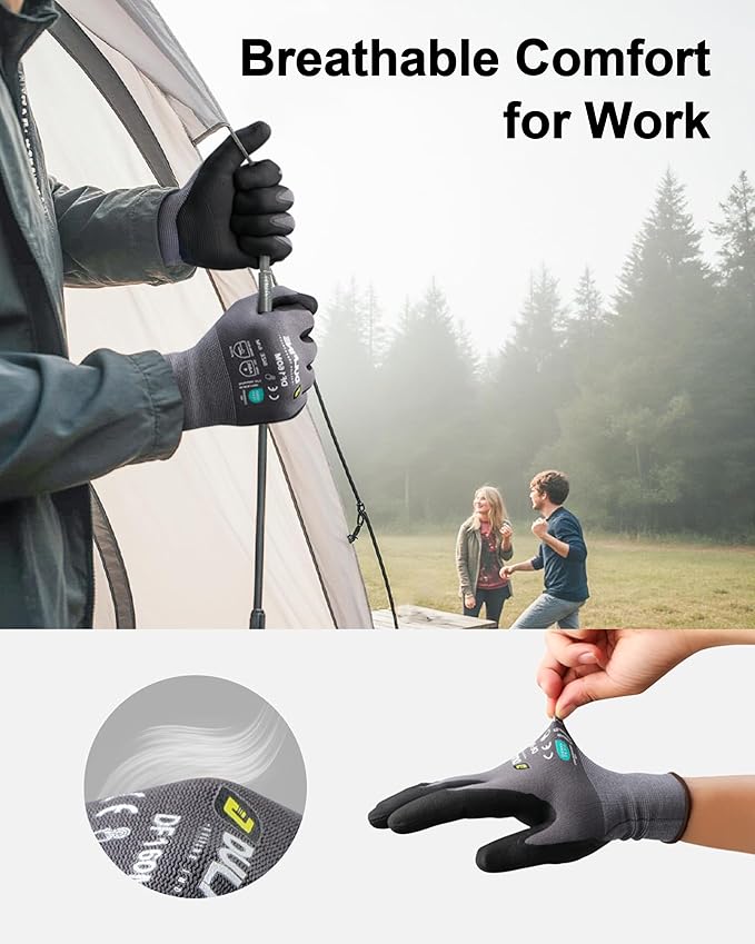 DULFINE Safety Work Gloves MicroFoam Nitrile Coated-3 Pairs Pack,Seamless Knit Nylon Glove with Black Micro-Foam Nitrile Grip,Ideal for General Purpose,Automotive,Home Improvement,Painting(Medium)