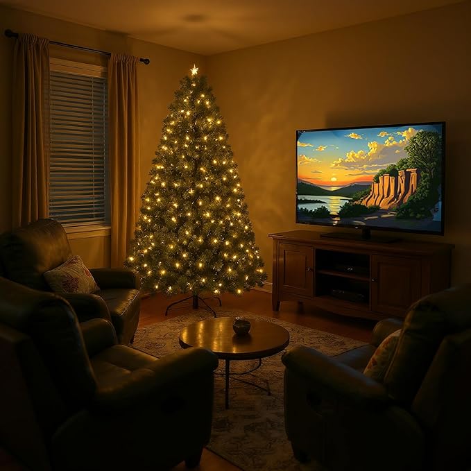 6FT Prelit Green Artificial Christmas Tree with 250 Warm White LED Lights – Full Pre-Lit Holiday Tree for Indoor Home, Living Room, Apartment, Office, Traditional Christmas Decoration