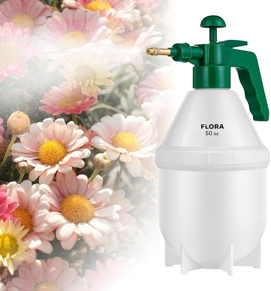 Flora Handheld Garden Pump Sprayer, 0.4 Gallon (50 oz/1.5L) Pressure Water Bottle with Adjustable Brass Nozzle, for Plants, Lawn, and Cleaning (Green) or (Red)