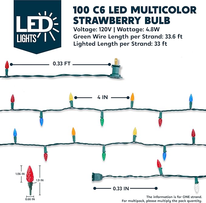 Joiedomi C6 Multicolor Christmas Lights, 100 LED Steady On Strawberry Lights, 33.66 FT Connectable Christmas String Lights for Indoor Outdoor Party Home Yard Xmas Tree House Decorations, Green Wire